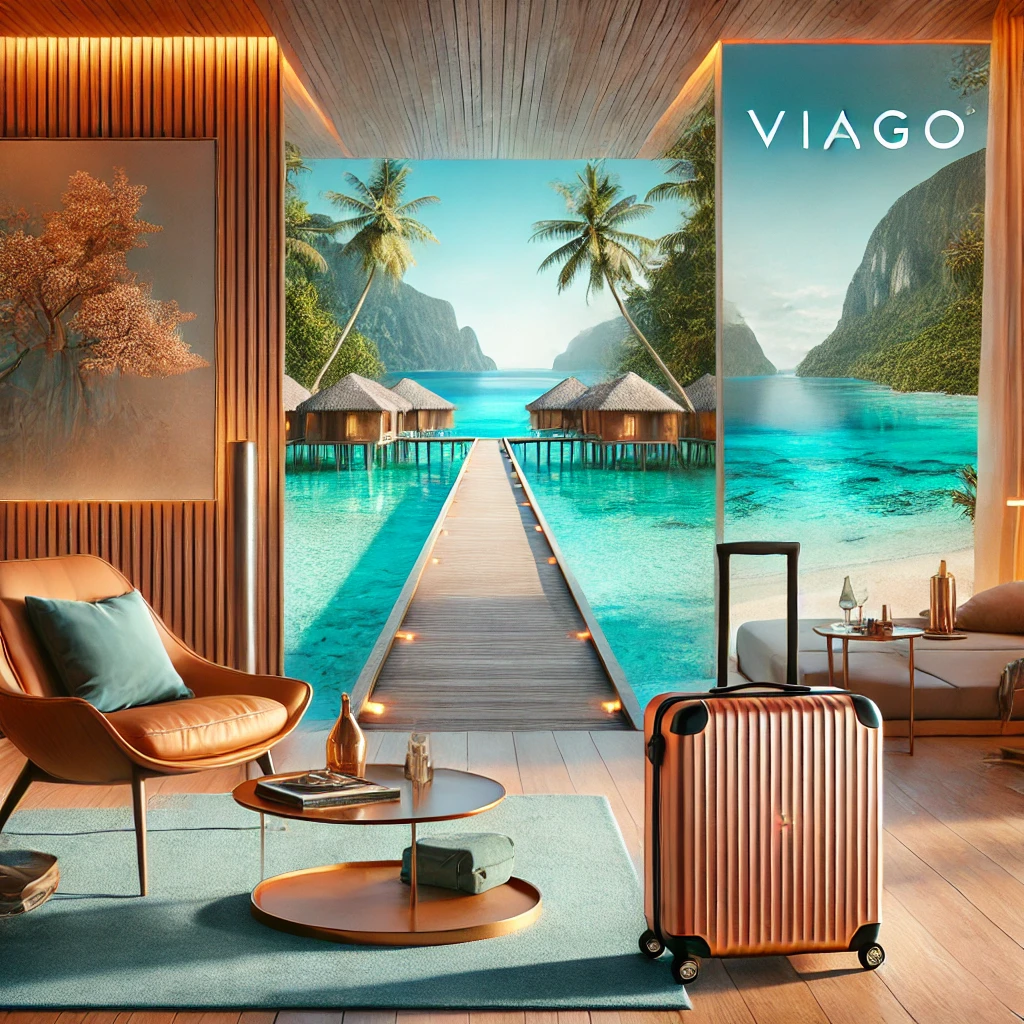 DALL·E 2024-12-09 17.22.28 - A vibrant and modern image showcasing the essence of luxury travel and wellness, featuring a serene tropical beach with crystal-clear waters, a stylis