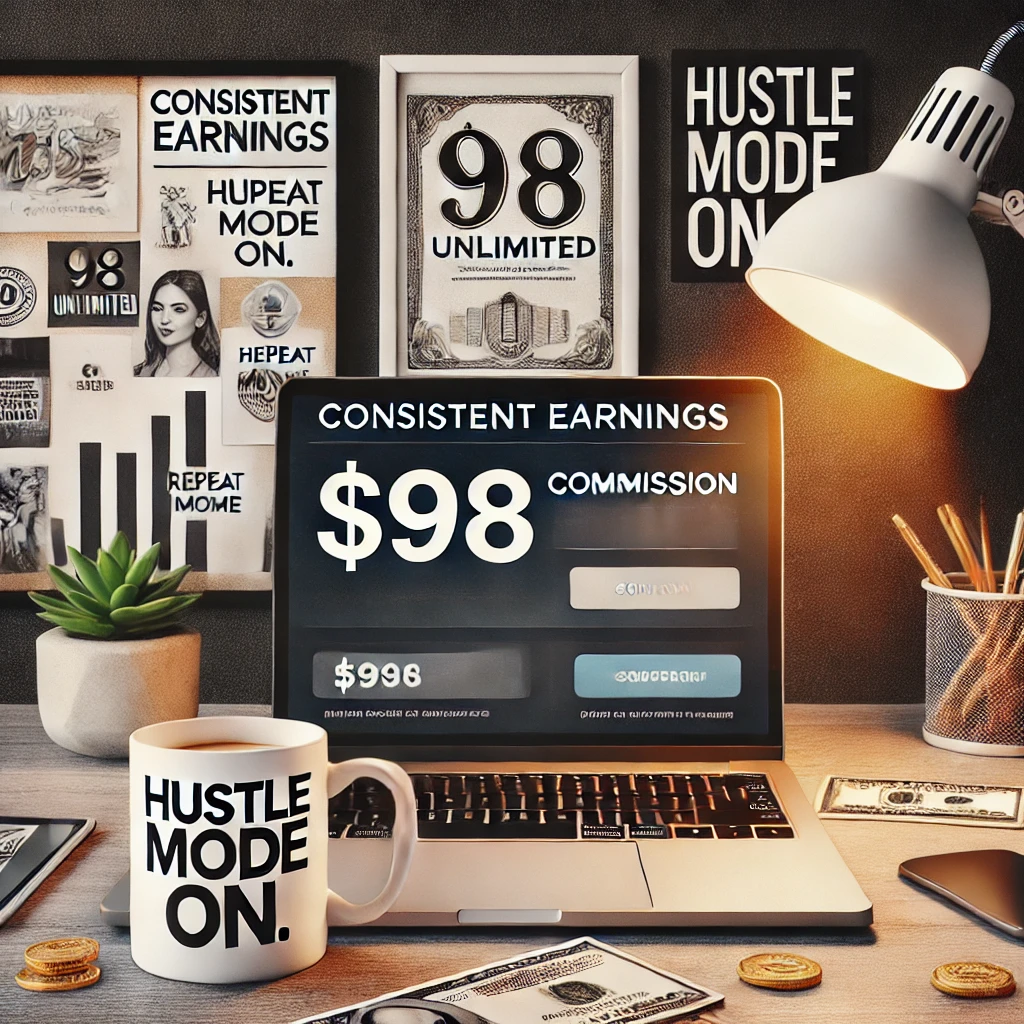 DALL·E 2024-12-09 17.25.07 - A bold and empowering image representing consistent earnings and online business success, featuring a clean workspace with a laptop showing a $98 comm