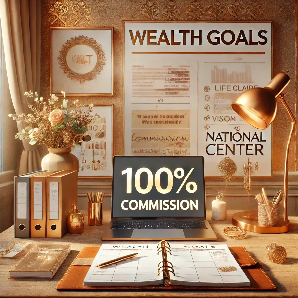 DALL·E 2024-12-09 17.30.35 - An inspiring and sophisticated image representing financial freedom and personal growth, featuring a bright desk with a planner labeled 'Wealth Goals,